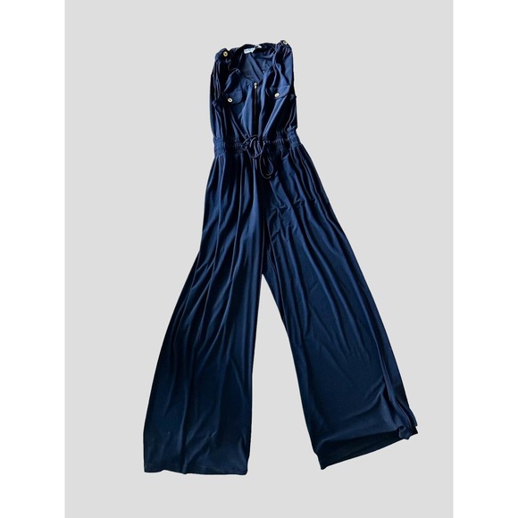 Emma & Michele Jumpsuit Women's Large Navy W/Gold Wide Leg Pant Sleeveless Tie - Picture 5 of 10